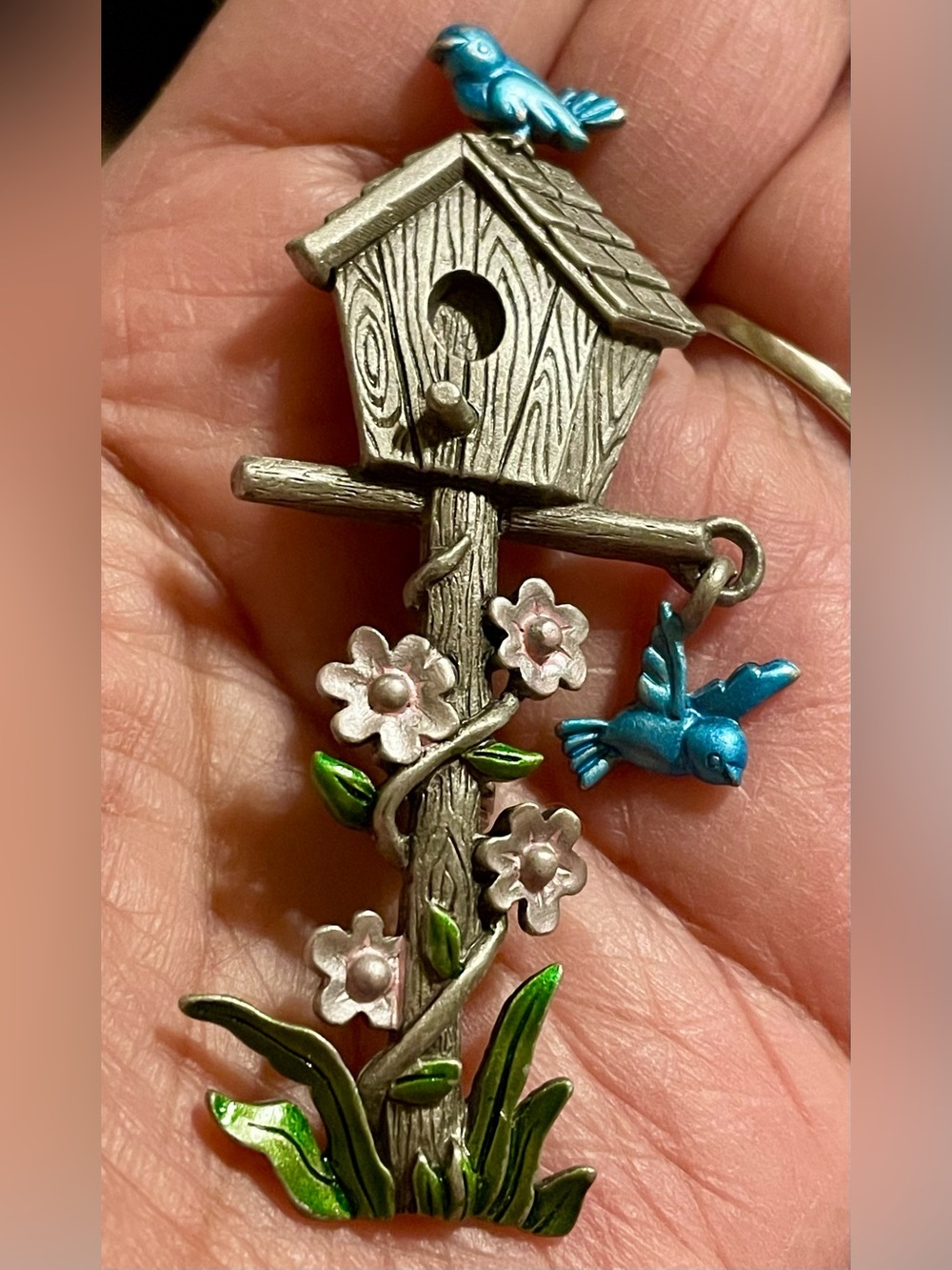 Vintage JJ Jonette Birdhouse Brooch with Blue Birds and Pink Flowers